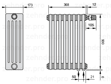 Схема (чертеж) Радиатор Zehnder Charleston 5090/8 №V002 Белый глянцевый RAL 9016